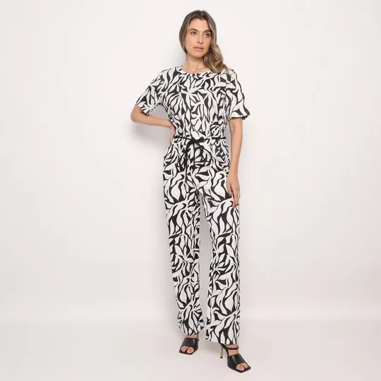 Calça Reta Abstrata- Preta & Off White- ZINCO