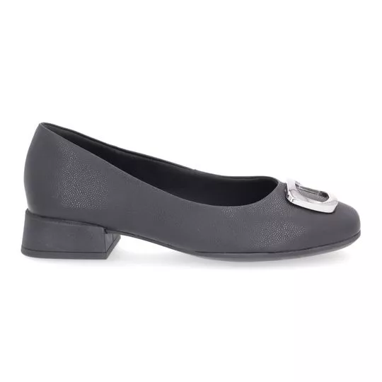 Sapato Em Couro Com Aviamento- Preto- Salto: 3cm- Usaflex