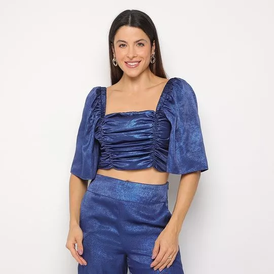 Cropped Acetinada Com Franzidos- Azul- ZINCO