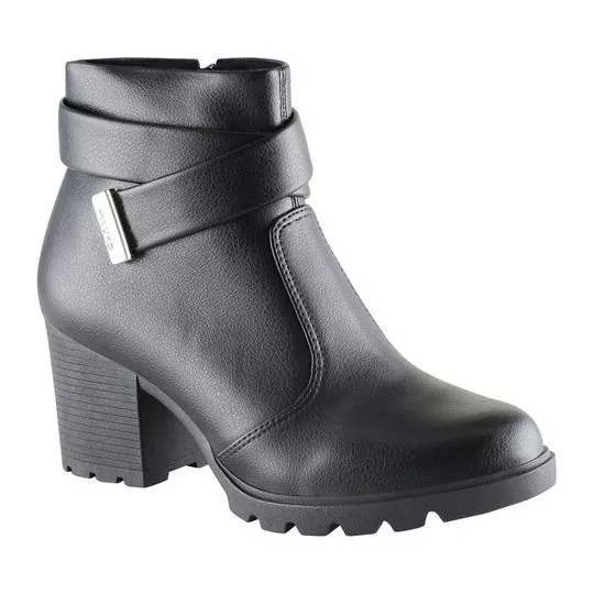 Bota Com Recortes & Tiras Cruzadas- Preta- Salto: 7cm- VIA UNO