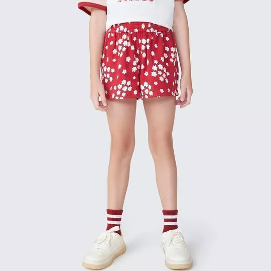 Short Floral- Vermelho Escuro & Branco- Hering Kids