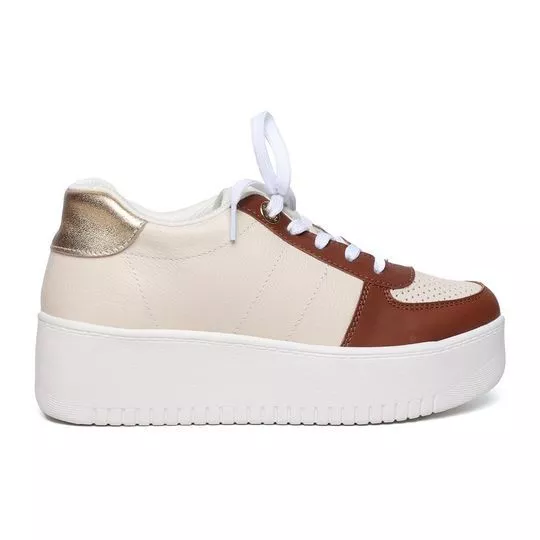 Tênis Plataforma Com Recortes- Off White & Marrom- Jorge Bischoff