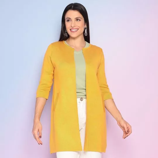 Cardigan Alongado Em Tricô- Amarelo- Zoomp