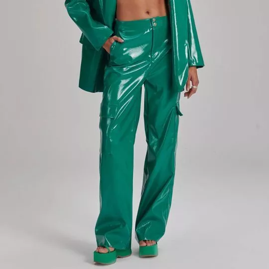 Calça Cargo Com Efeito Plastificado- Verde- My Favorite Things