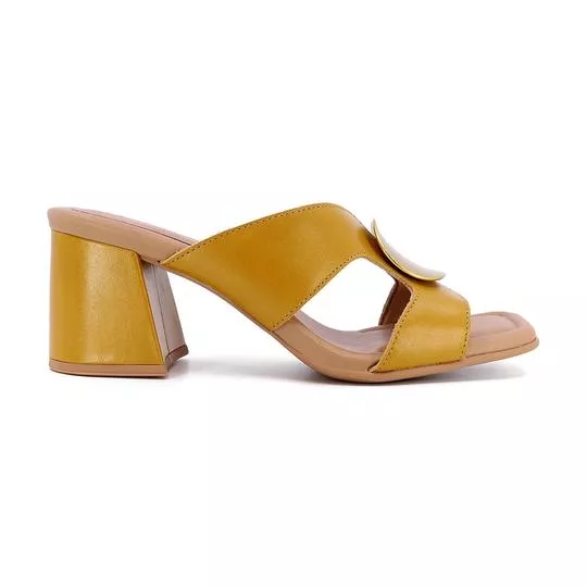 Tamanco Em Couro Com Aviamento- Bege & Amarelo Escuro- Salto: 7cm- Usaflex