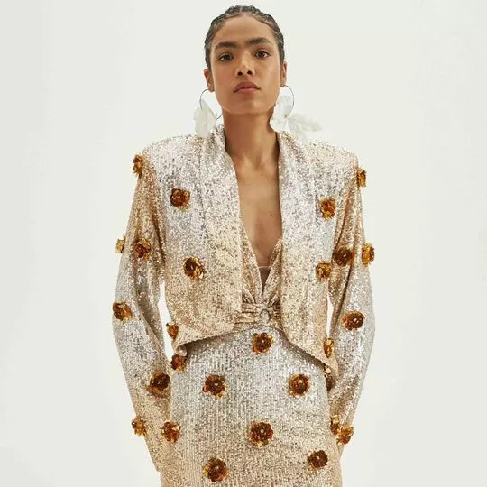 Blazer Cropped Com Paetês- Dourado- Amarante