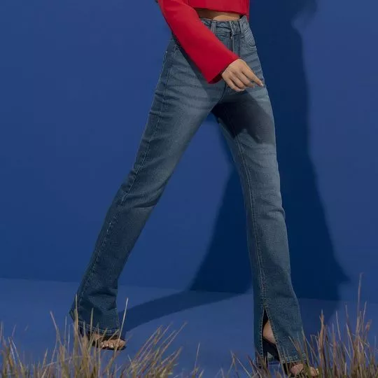 Calça Jeans Flare Com Abertura- Azul Escuro- Linzzi