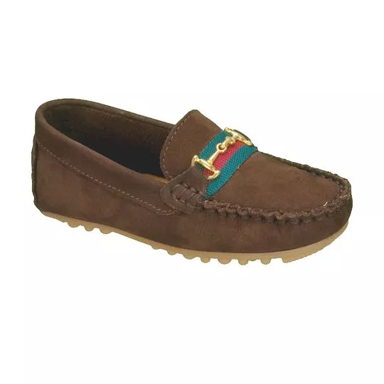Mocassim Em Couro Com Recorte e Aviamento- Marrom Escuro & Dourado- Toke