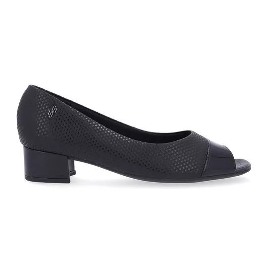 Peep Toe Em Couro Texturizado- Preto- Salto: 3,5cm- Usaflex