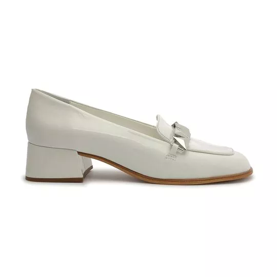 Loafer Com Couro- Branco & Prateado- Salto: 4cm- Schutz