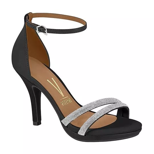 Sandália Com Strass- Preta- Salto: 10,2cm- Vizzano