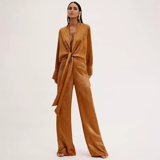 Conjunto De Blusa & Calça Pantalona- Marrom Claro- Oasis