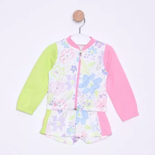 Conjunto De Blusão & Short Floral - Verde Claro & Rosa - Mon Sucré