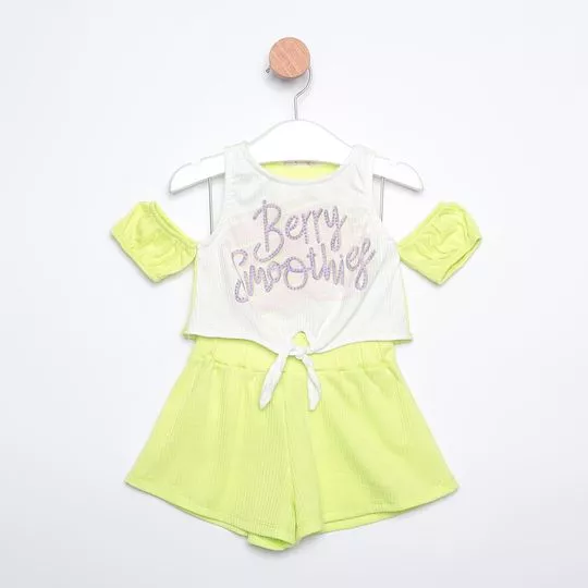 Conjunto De Camiseta Berry Smoothies & Short - Branco & Verde Limão - Mon Sucré