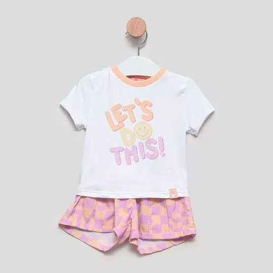 Conjunto De Blusa Com Inscrições & Short - Off White & Lilás - Mon Sucré