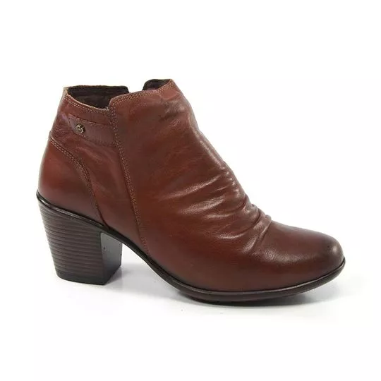 Bota Em Couro Com Recortes- Marrom- Salto: 6cm- Perlatto