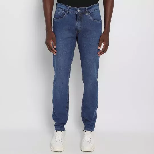 Calça Jeans Reta Com Recortes- Azul Escuro- Zoomp