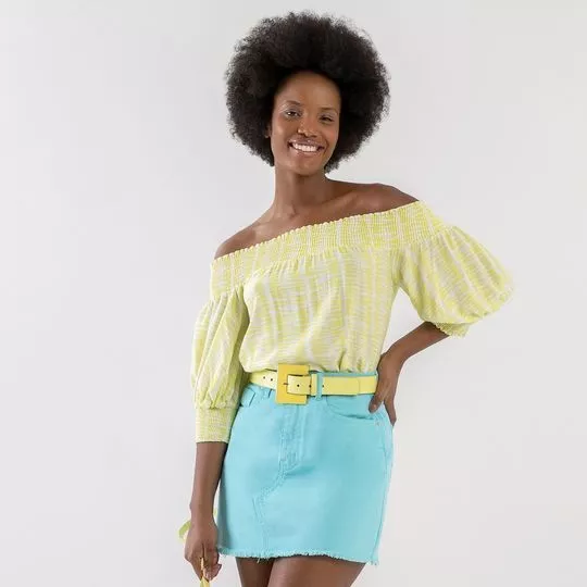 Blusa Ombro A Ombro Abstrata- Amarelo Neon & Branca- LEZ A LEZ