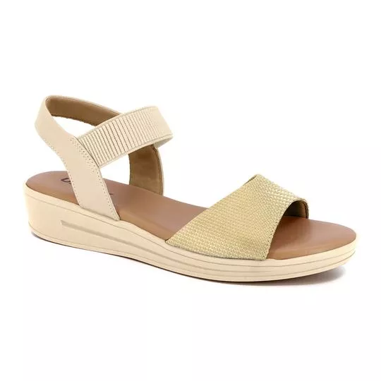 Sandália Plataforma Em Couro- Off White & Dourada- Salto: 4cm- Usaflex