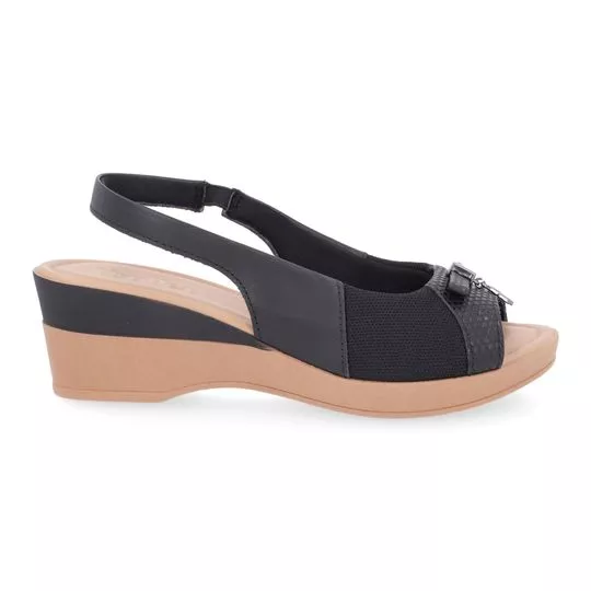 Slingback Anabela Em Couro- Preto- Salto: 6cm- Usaflex