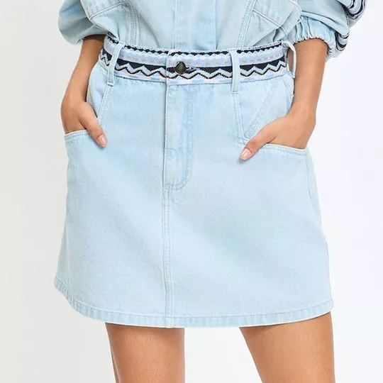 Saia Jeans Curta Étnica- Azul Claro & Preta- ZINCO