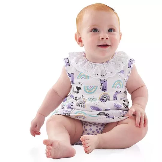 Conjunto De Vestido & Tapa Fralda- Branco & Roxo- Up Baby & Up Kids