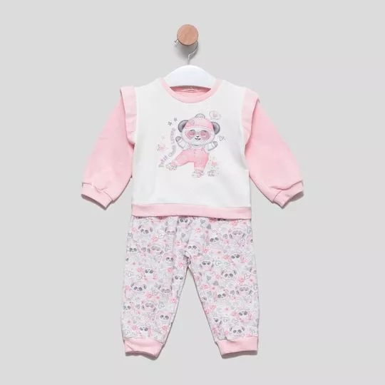Conjunto De Blusão Panda & Calça Jogger- Branco & Rosa Claro- PETIT CHERIE