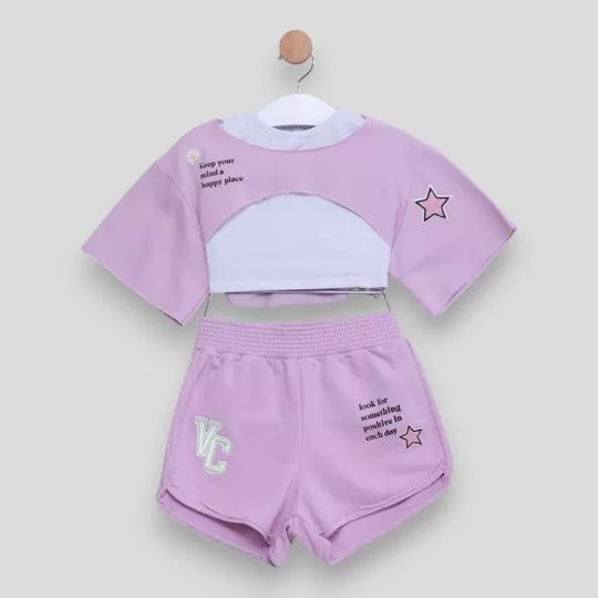 Conjunto De Blusa Com Sobreposição & Short- Branco & Lilás- Vanilla Cream