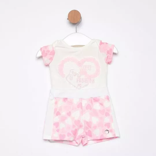 Conjunto De Body & Short Corações- Off White & Rosa- PETIT CHERIE