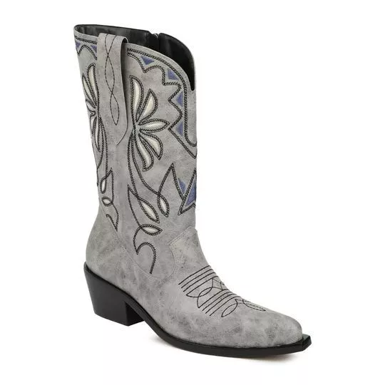 Bota Western Em Couro Com Recortes- Cinza- Salto: 5,5cm- Luiza Barcelos