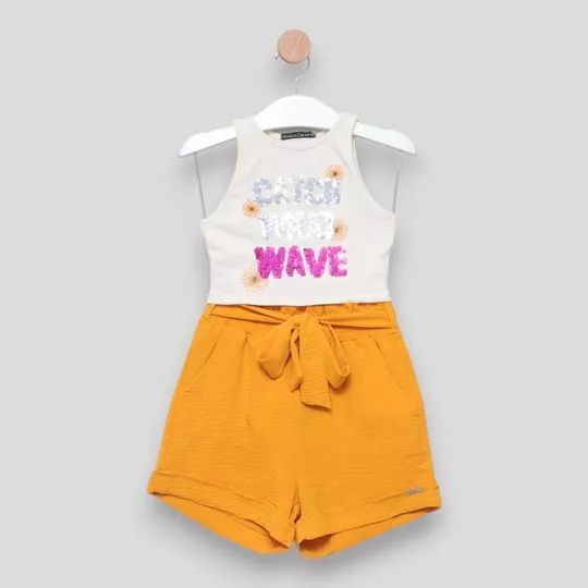 Conjunto De Cropped Com Lantejoulas & Short- Branco & Amarelo Escuro- Vanilla Cream