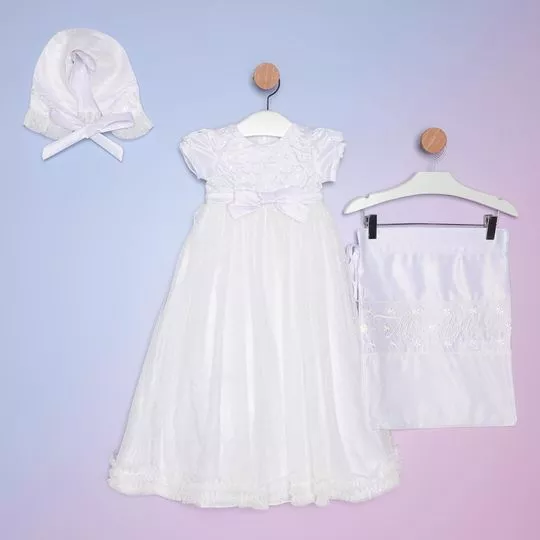 Vestido Para Batizado Com Touca & Saquinho- Branco- PETIT CHERIE