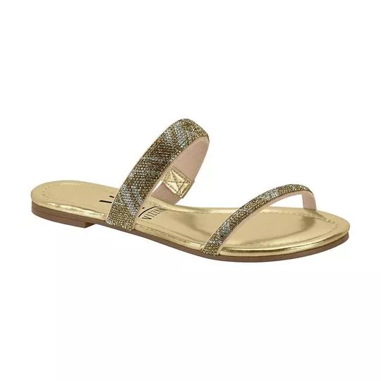 Sandália Rasteira Com Strass- Bege & Dourada- Vizzano