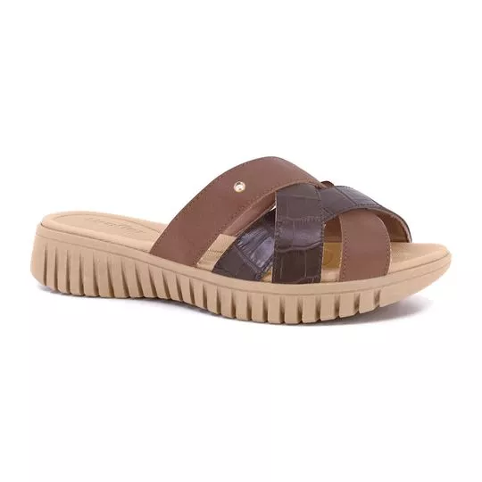 Tamanco Anabela Em Couro- Marrom- Salto: 3,5cm- Usaflex