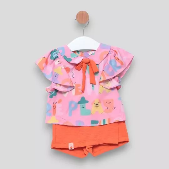 Conjunto De Blusa & Short Saia Com Transpasse- Rosa & Laranja- Mon Sucré