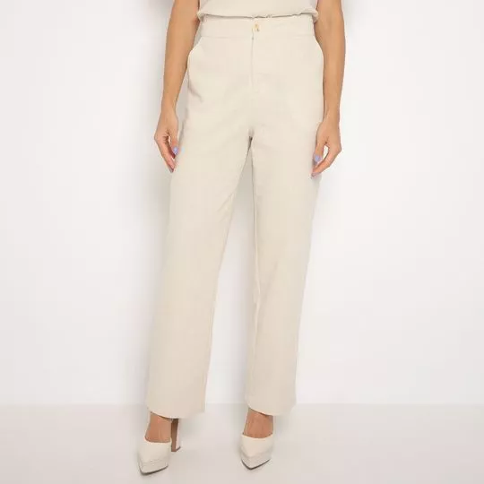 Calça Reta Com Linho- Off White- VIP RESERVA
