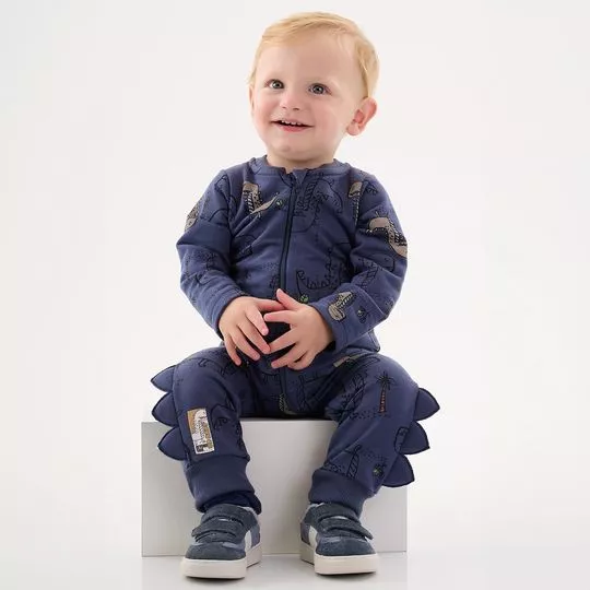 Macacão Dinossauro- Azul Escuro & Cinza- Up Baby