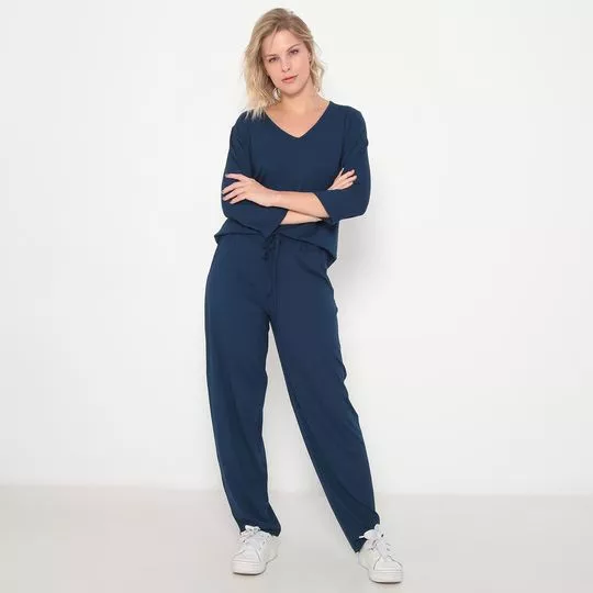 Conjunto De Blusa & Calça Reta- Azul Marinho- Vittri