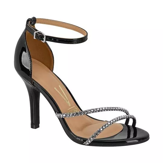 Sandália Com Tiras- Preta & Prateada- Salto: 9,8cm- Vizzano