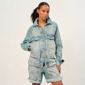 Jaqueta Jeans Estonada<BR>- Azul Claro<BR>- Open