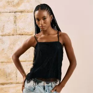 Blusa Renda Decote Quadrado<BR>- Preta<BR>- Open
