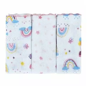 Pano De Boca Bublim Petit Estampado Com Festone<BR>- Rosa -<BR>3Pçs Bublim