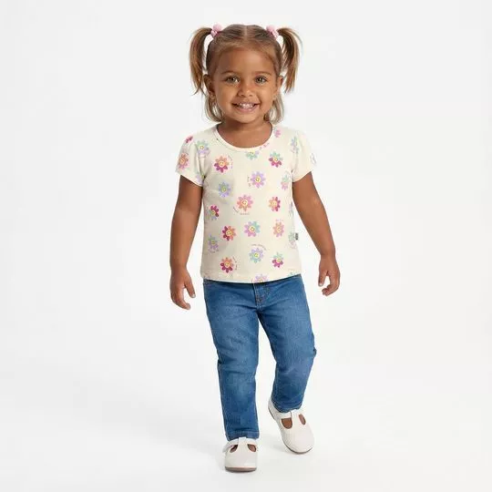 Blusa Feminina Infantil Reta Floral- Bege Claro- Elian