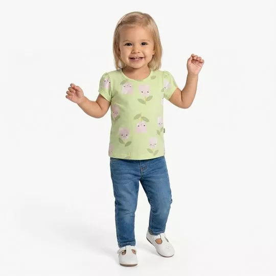 Blusa Feminina Infantil Floral- Verde Claro- Elian