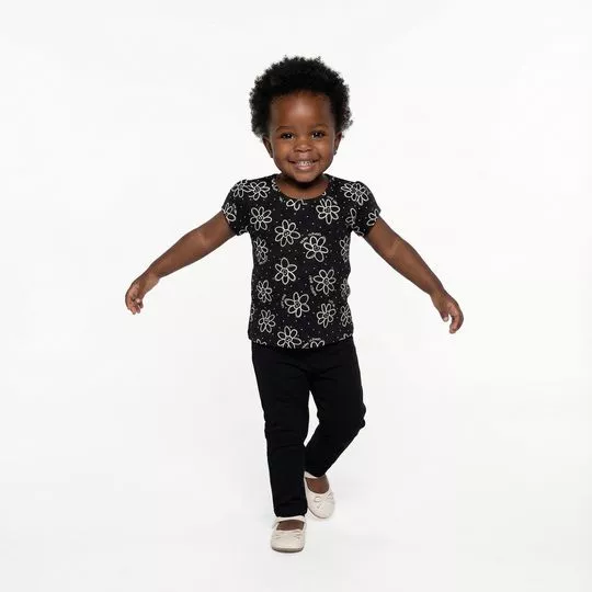 Blusa Feminina Infantil Básica Floral- Preto- Elian