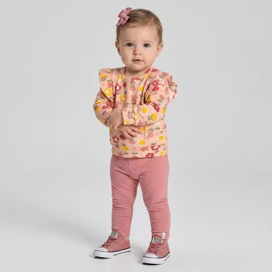 Conjunto Feminino Calça Legging Blusão Floral- Rosa- Elian