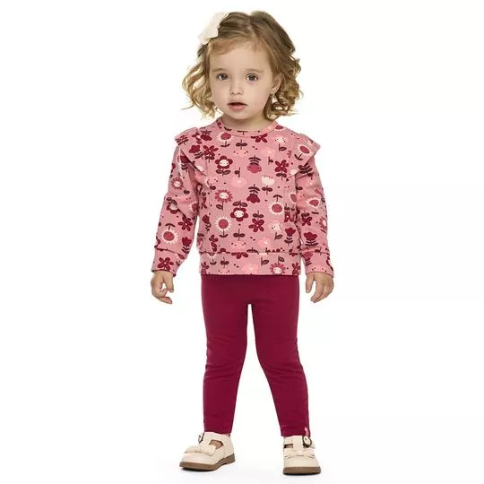 Conjunto Blusão Regular Legging Ajustada Floral- Rosa- Elian