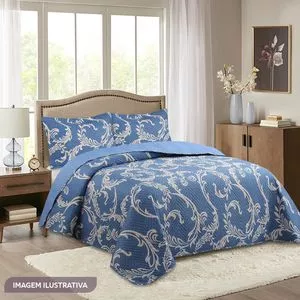 Conjunto De Colcha Ultrassônica Home Basics Arabescos Queen Size<br /> - Azul Escuro & Bege Claro<br /> - 240x260cm<br /> - 3Pçs<br /> - Niazitex