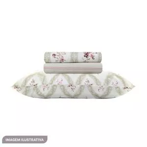 Jogo De Cama Realce Camafeu Casal<BR>- Off White & Verde Militar<BR>- 4pçs<BR>- 140 Fios<BR>- Sultan