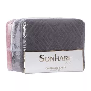 Jogo De Toalhas Antique Max<BR>- Cinza Escuro & Rosa Claro<BR>- 5Pçs<BR>- Sultan